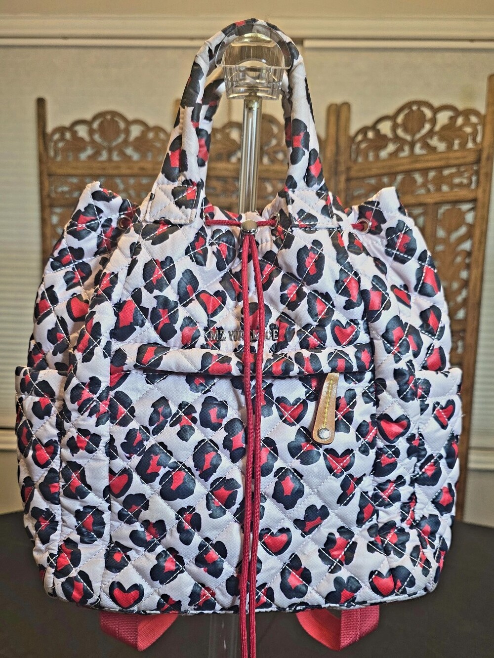 MZ Wallace Quilted Leopard Heart Print Tote in White, Black & Red